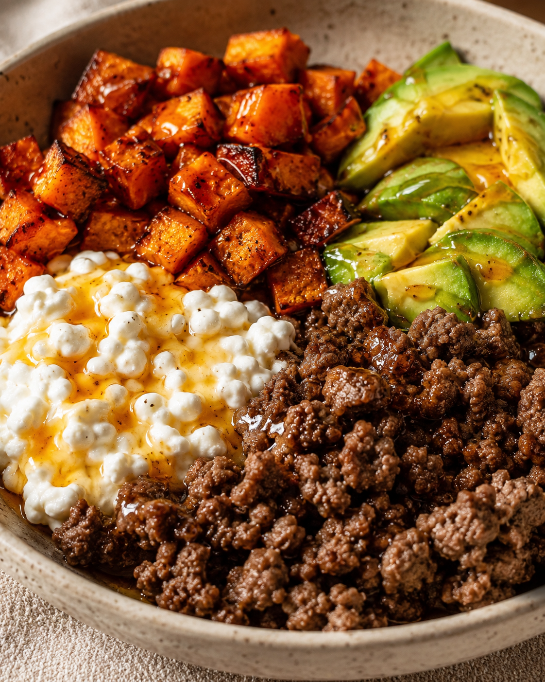 Generated image 1 for Tiktok Hot Honey Cottage Cheese Sweet Potato Beef Bowl