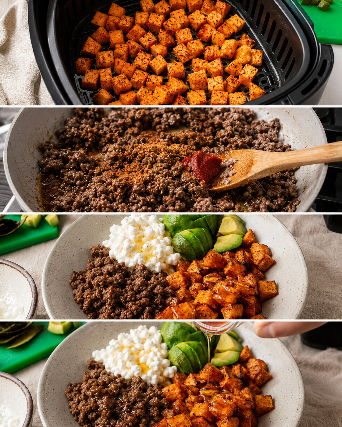 Generated image 5 for Tiktok Hot Honey Cottage Cheese Sweet Potato Beef Bowl