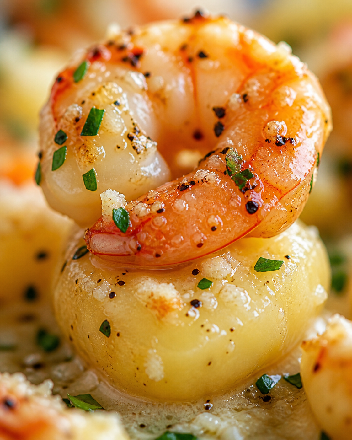 Macro shrimp curled over pillowy gnocchi, glossy garlic-parmesan sauce and pepper.
