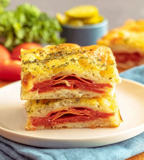 Stacked Italian Sub Squares with bite taken out of top one.