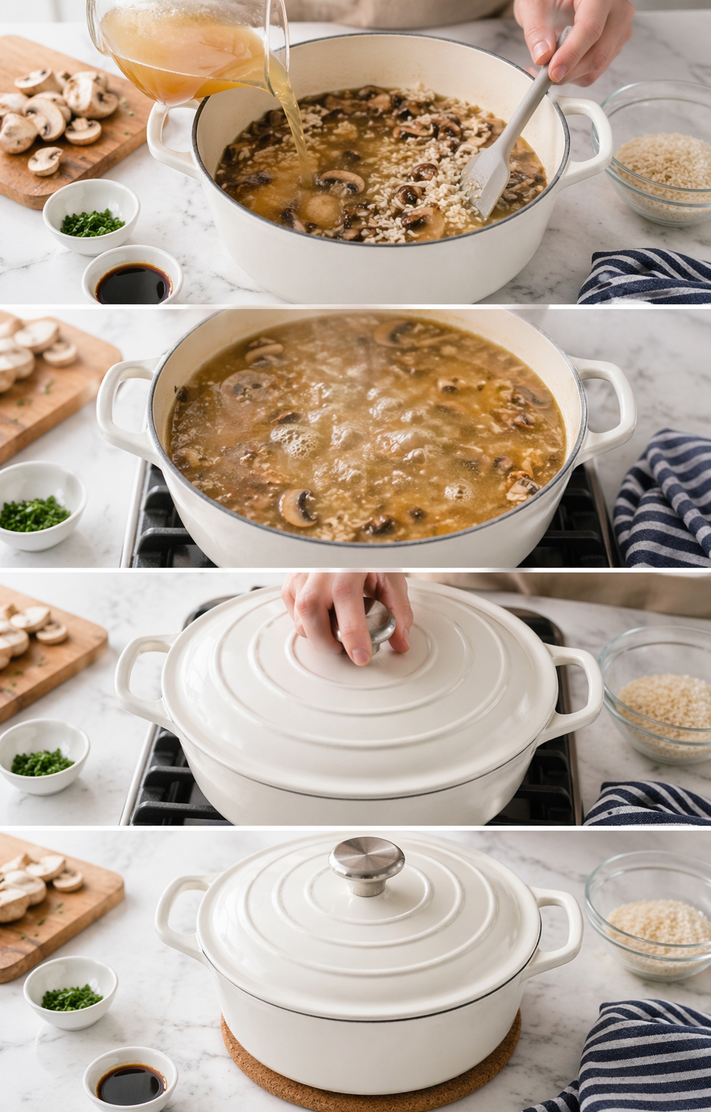 Vegetable broth being poured over rice in skillet, then covered and simmering gently.