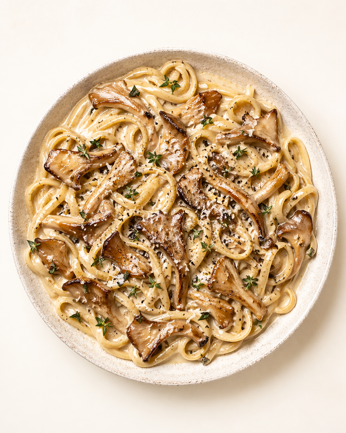 Straight-down overhead view of Mouthwatering Oyster Mushroom Pasta