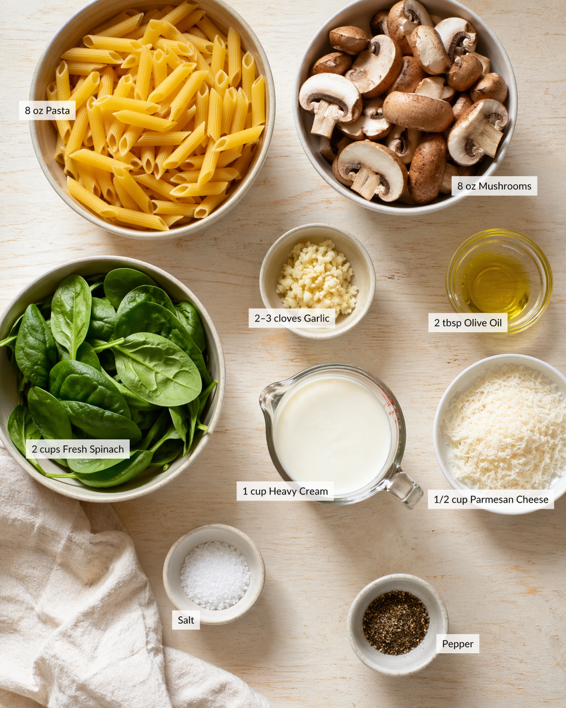 Measured ingredients arranged for Easy Creamy Tuscan Mushroom Pasta Skillet – One-Pan Comfort Food Bliss – easyrecipes: 8 oz Pasta – Choose your favorite shape—spaghetti, penne, or whatever you have on hand; it’s the per