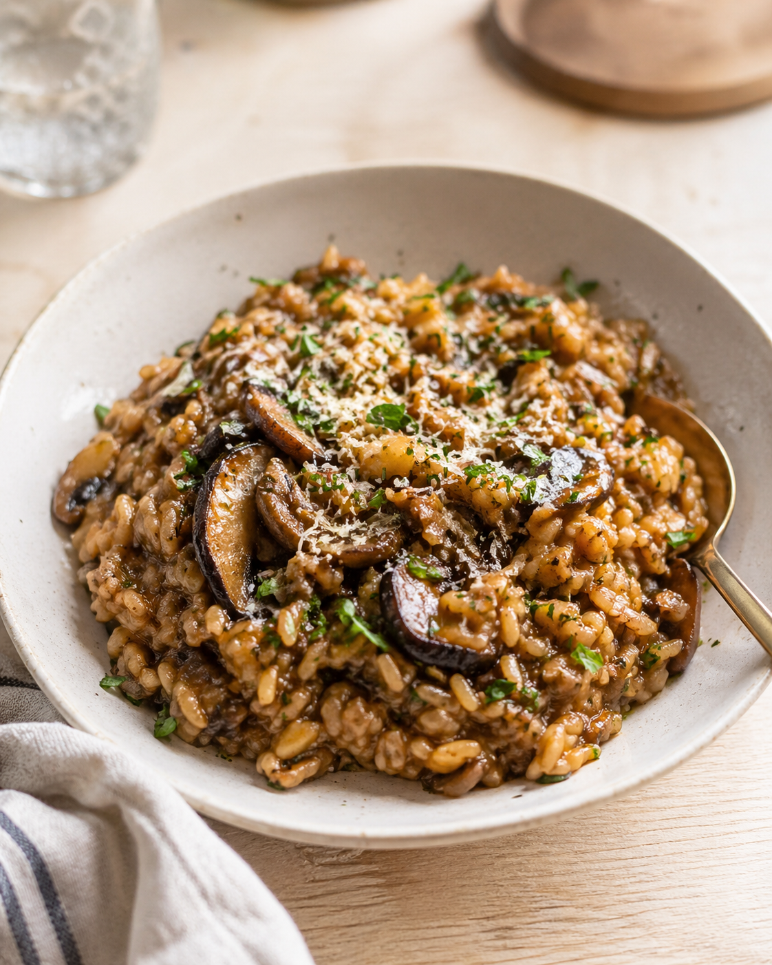 Single plated variation of One-Pot Mushroom Rice: The Perfect Comfort Food shown in a natural kitchen scene