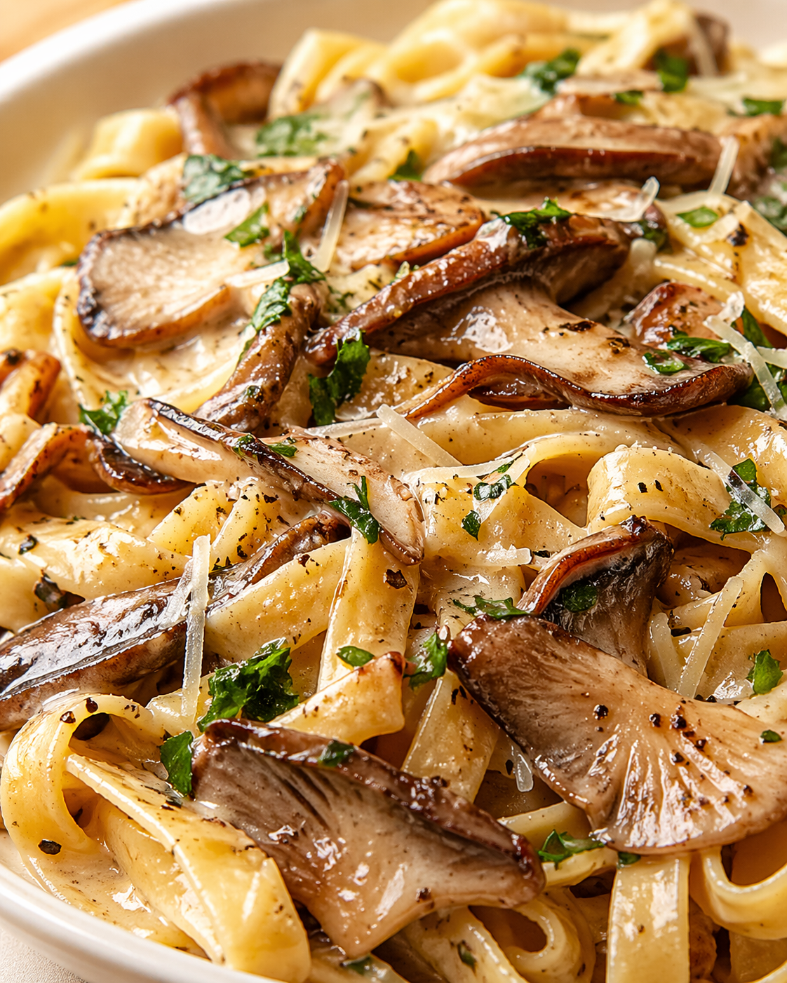 Final plated Mouthwatering Oyster Mushroom Pasta served as a hero shot