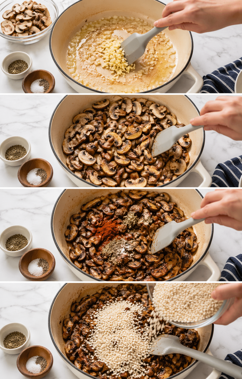 Golden mushrooms and garlic sizzling in skillet while spices are sprinkled and rice added.
