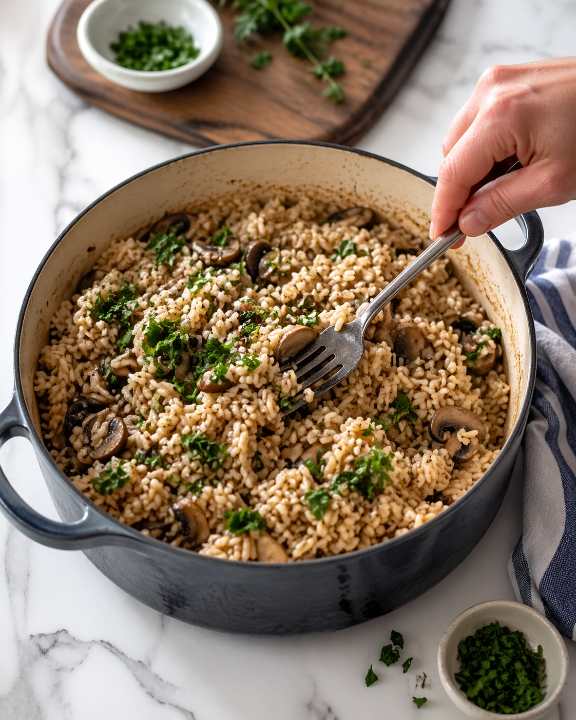 Fork fluffing tender mushroom rice while chopped parsley is sprinkled on top.