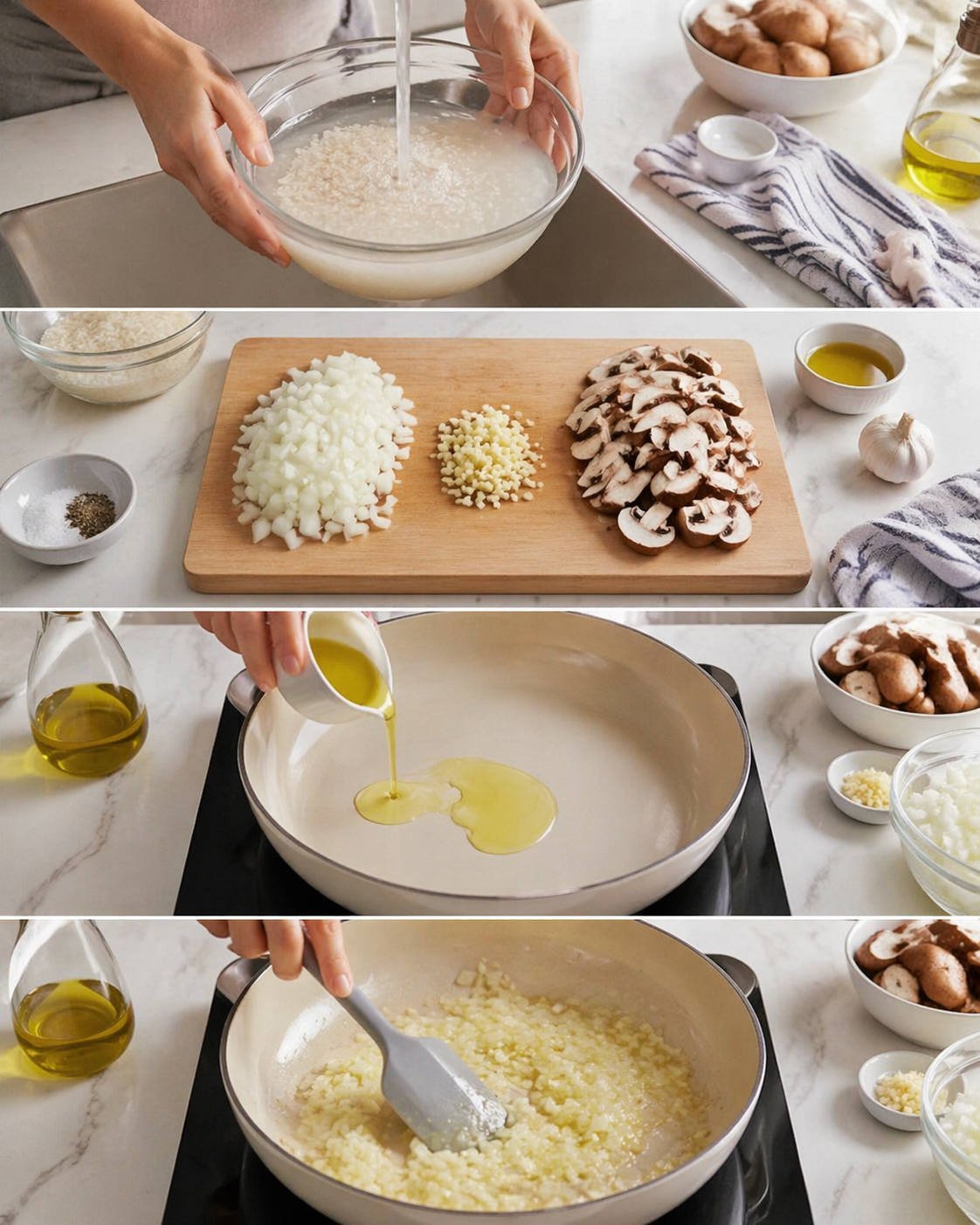 Rinsed rice in a sieve beside diced onion, minced garlic, sliced mushrooms, and translucent onions sautéing.
