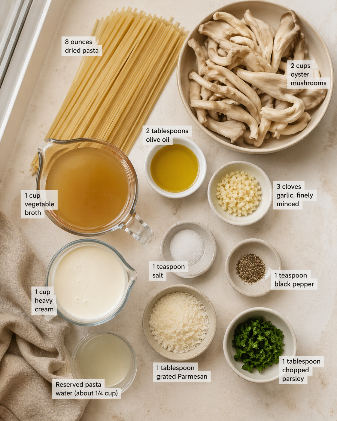 Measured ingredients arranged for Mouthwatering Oyster Mushroom Pasta: 8 ounces dried pasta (spaghetti, tagliatelle, or whatever you love), 2 cups oyster mushrooms, torn gently into strips, 2 tablespoons olive oil, 3 clo