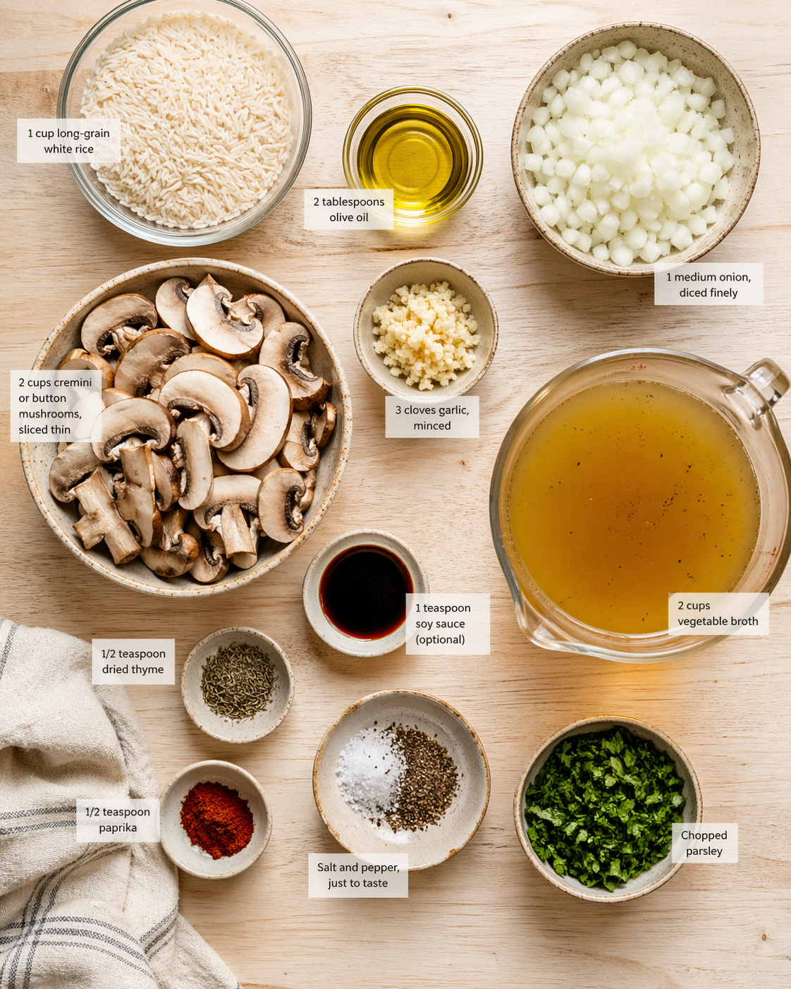 Measured ingredients arranged for One-Pot Mushroom Rice: The Perfect Comfort Food: 1 cup long-grain white rice (basmati works beautifully if you want extra aroma), 2 tablespoons olive oil, 1 medium onion, diced finely, 3