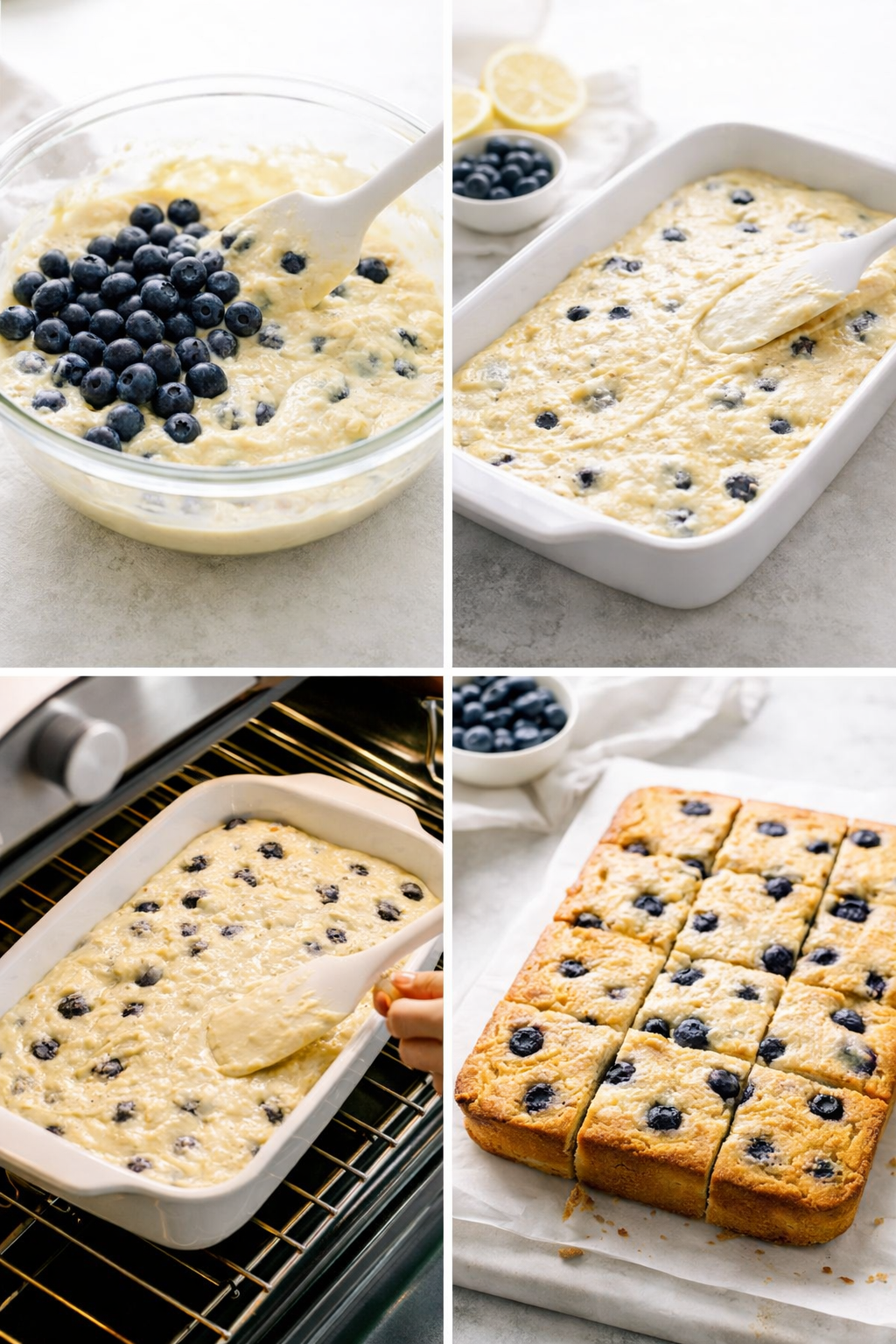 Blueberry-studded batter poured into greased dish, smoothed, baked golden and cooling on a rack