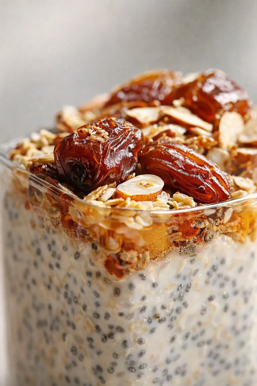 Tight detail shot of 10-Minute Date Overnight Oats with Chia Seeds highlighting texture