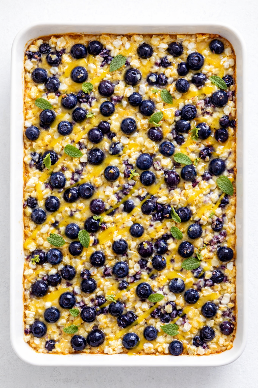 Straight-down overhead view of High-Protein Lemon Blueberry Breakfast Bake with Cottage Cheese: An Amazing Ultimate Recipe