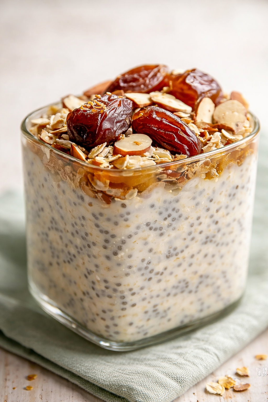 Final plated 10-Minute Date Overnight Oats with Chia Seeds served as a hero shot