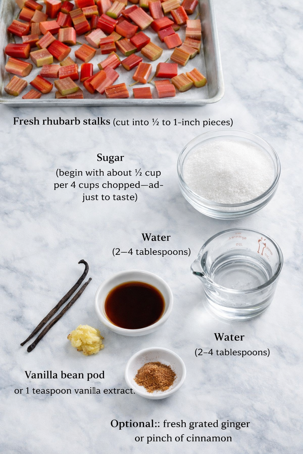Measured ingredients arranged for Everything Rhubarb: How to prepare, store, freeze & cook with rhubarb: Fresh rhubarb stalks (cut into ½ to 1-inch pieces), Sugar (begin with about ¼ cup per 4 cups chopped—adjust to tast