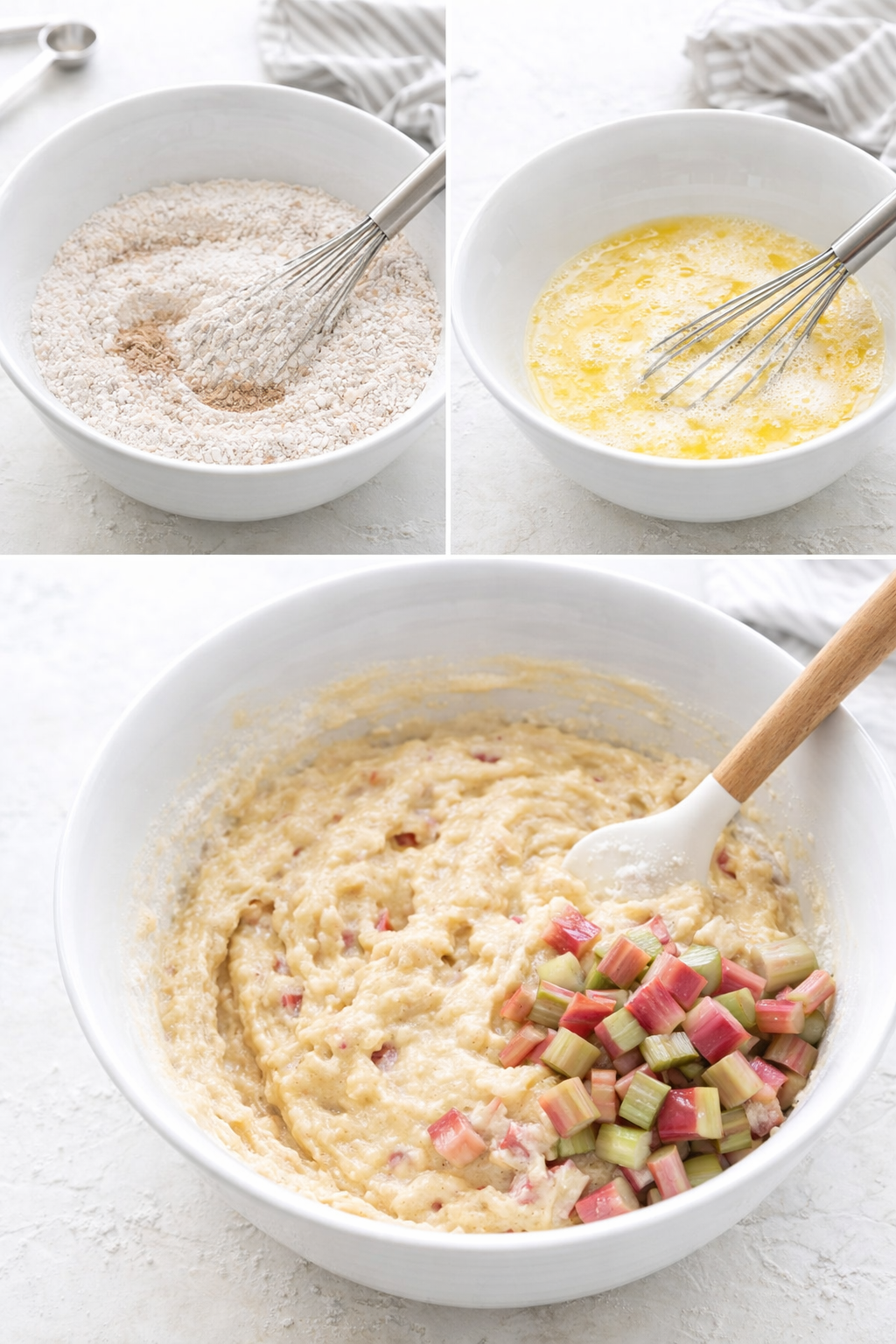 Two bowls, dry and wet, being whisked; wet poured into dry, rhubarb folded into lumpy batter.