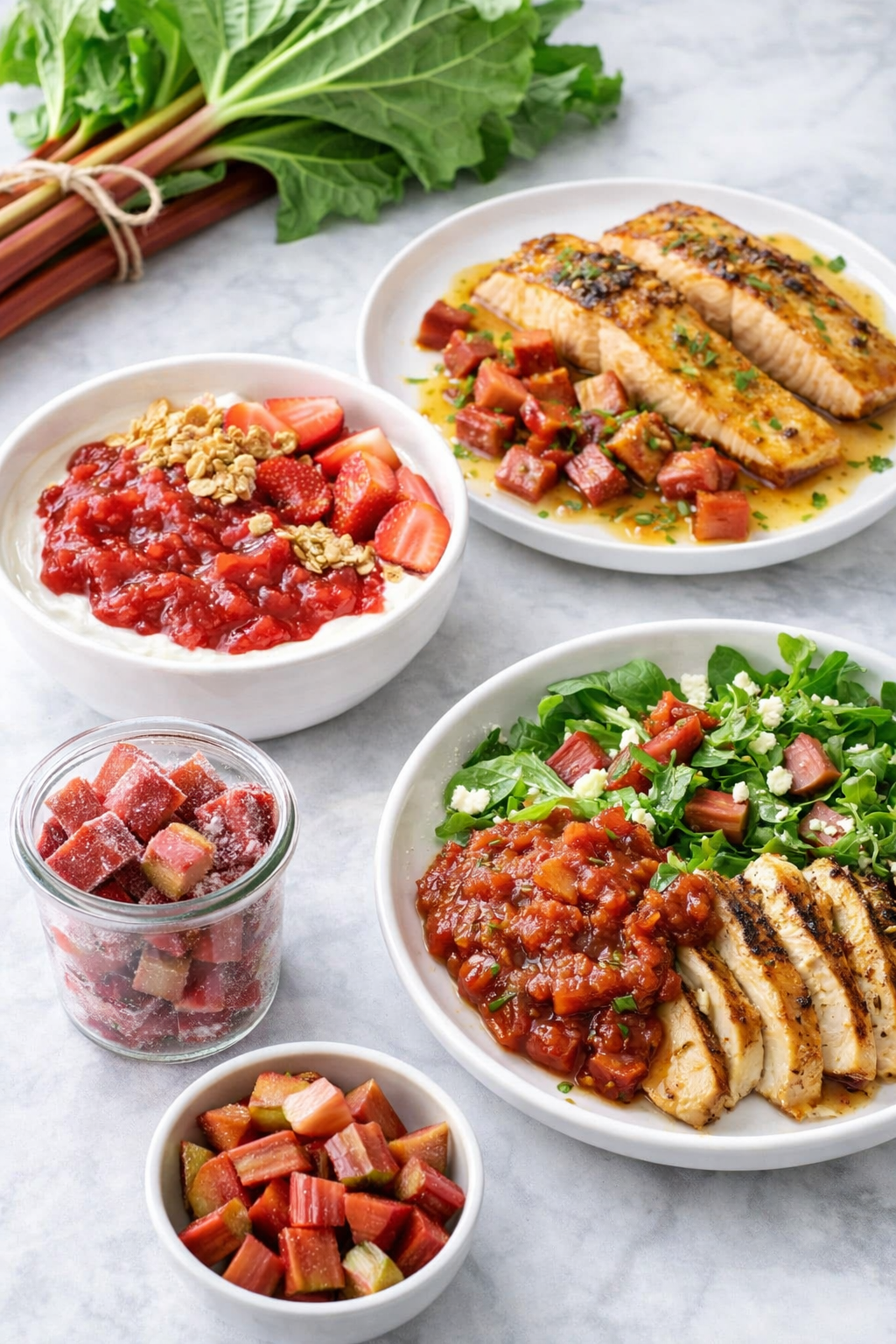 Variation ideas for Everything Rhubarb: How to prepare, store, freeze & cook with rhubarb shown in a styled layout