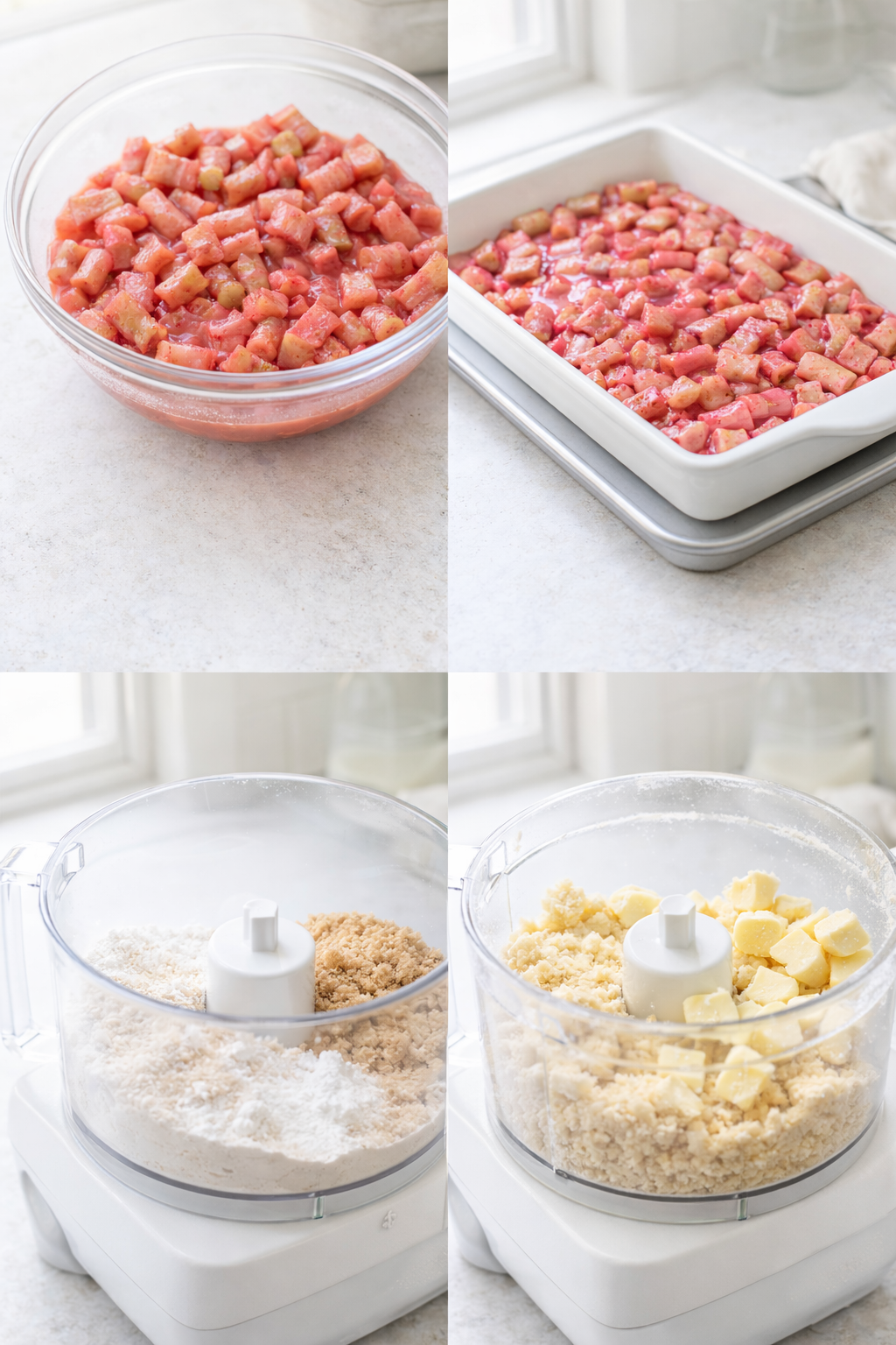Macerating rhubarb in dish beside a food processor with brown sugar and cubed butter.