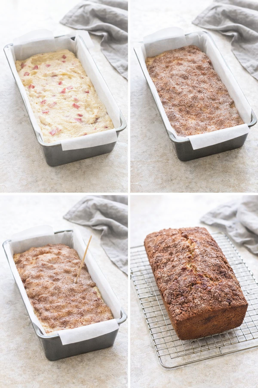 Batter layered and cinnamon-sugar swirled in pan, golden-brown loaf cooling on a wire rack.