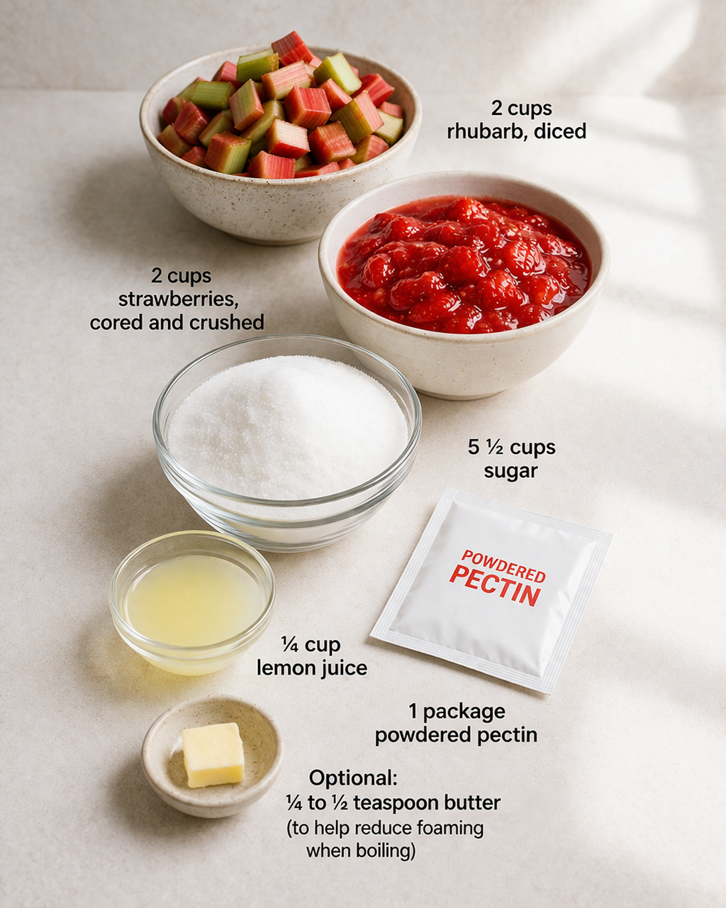 Measured ingredients arranged for Strawberry Rhubarb Jam Recipe: 2 cups rhubarb, diced, 2 cups strawberries, cored and crushed, 5 ½ cups sugar, ¼ cup lemon juice, 1 package powdered pectin, Optional: ¼ to ½ teaspoon butt