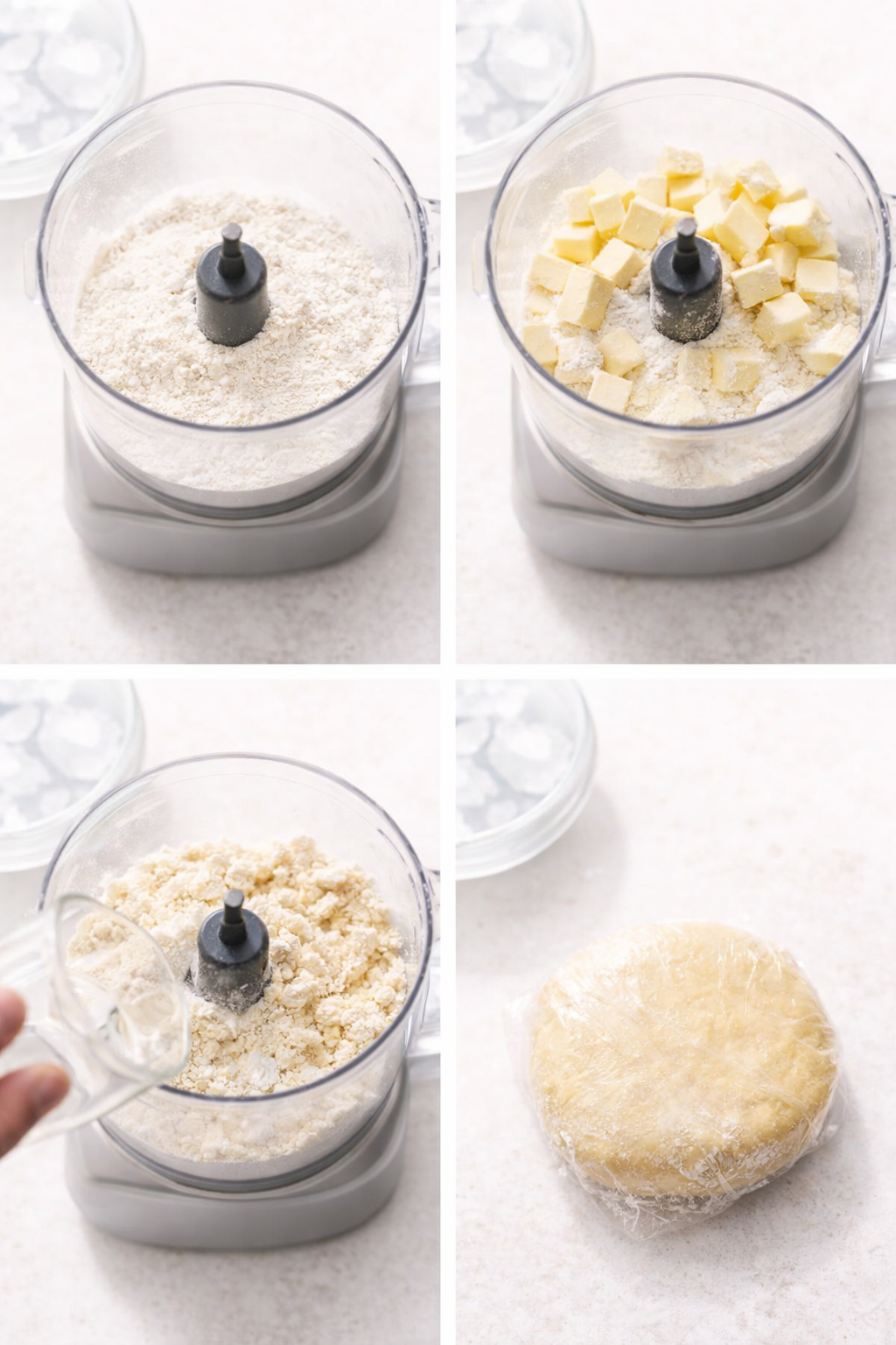 Wrapped dough disk chilled on counter, food processor bowl with pea-sized butter pieces nearby.