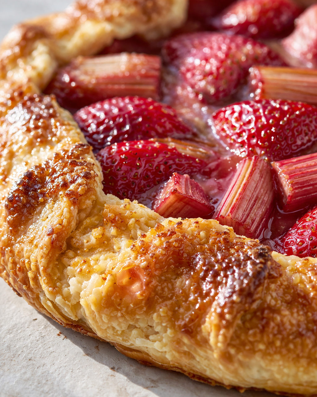 Tight detail shot of Rhubarb-strawberry Galette highlighting texture