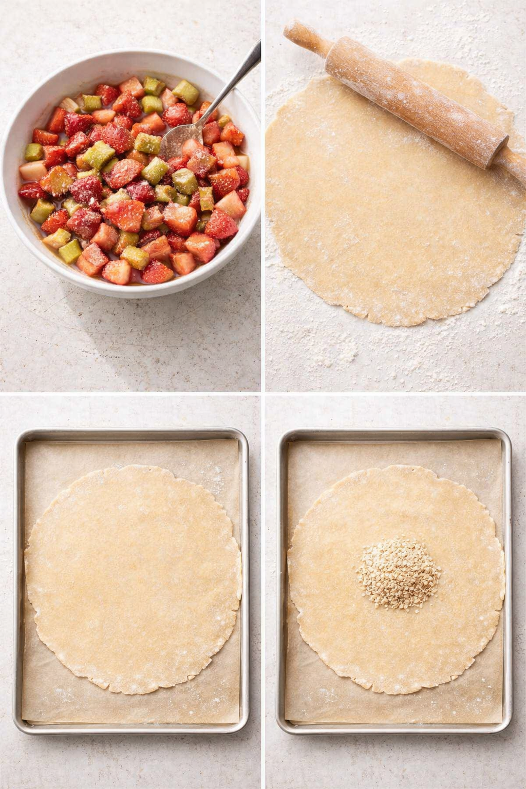 Rolled dough on parchment with oat sprinkle center and tossed rhubarb-strawberry filling beside.