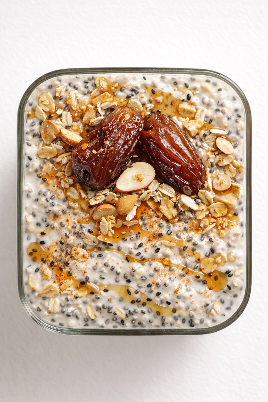 Straight-down overhead view of 10-Minute Date Overnight Oats with Chia Seeds