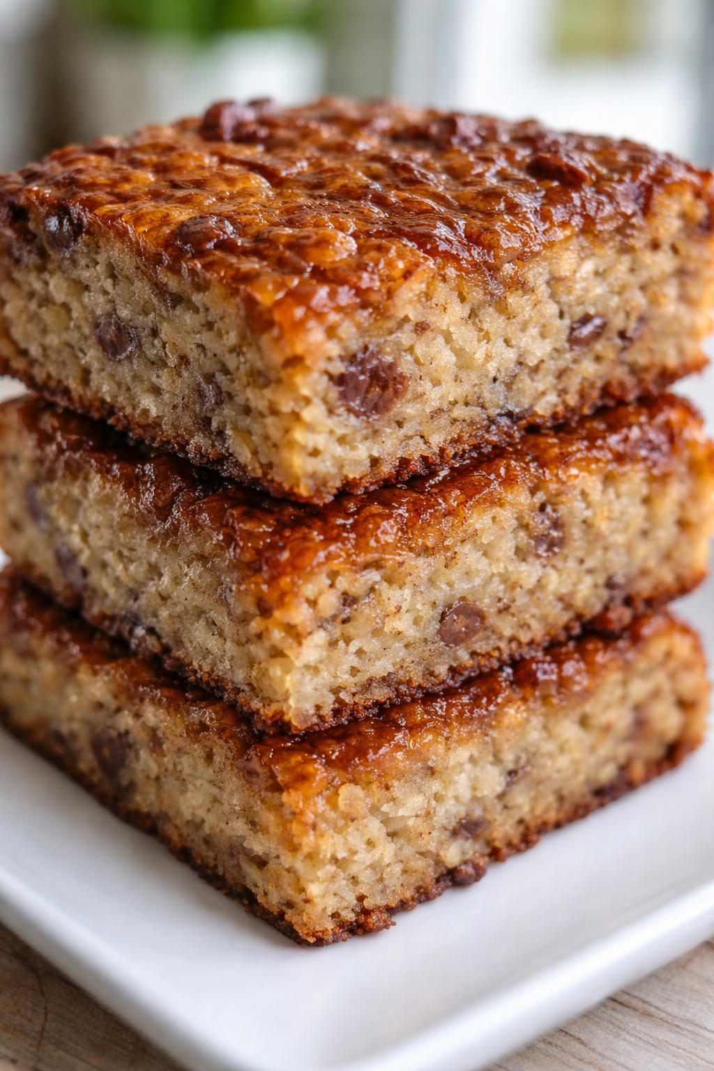 Tight detail shot of Protein Banana Oat Breakfast Squares highlighting texture