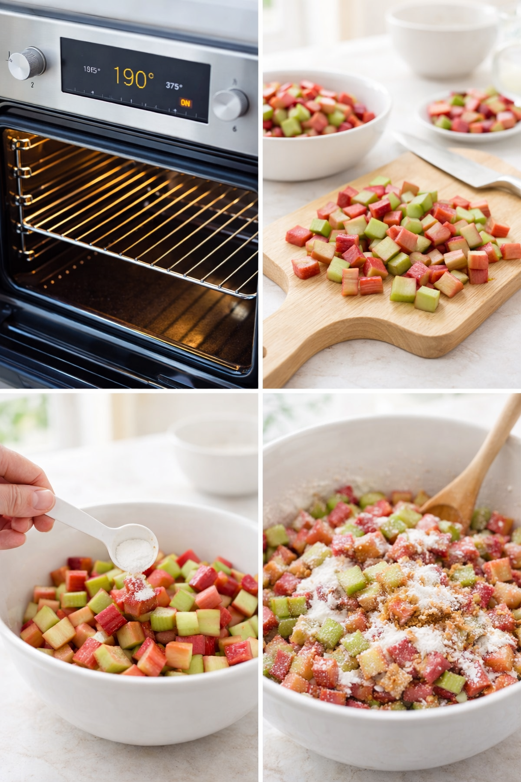 Hands tossing chopped rhubarb with sugar, flour and vanilla in a large mixing bowl.