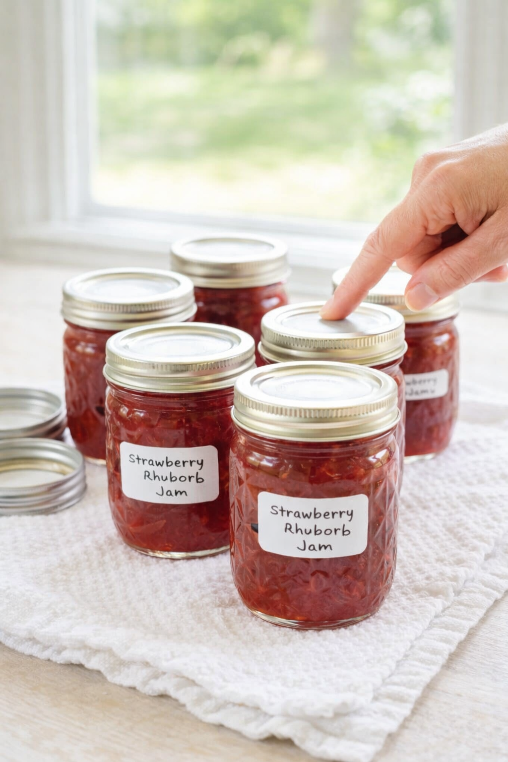 Rows of sealed half-pint jars cooling upright on a towel, steam rising, labels nearby.