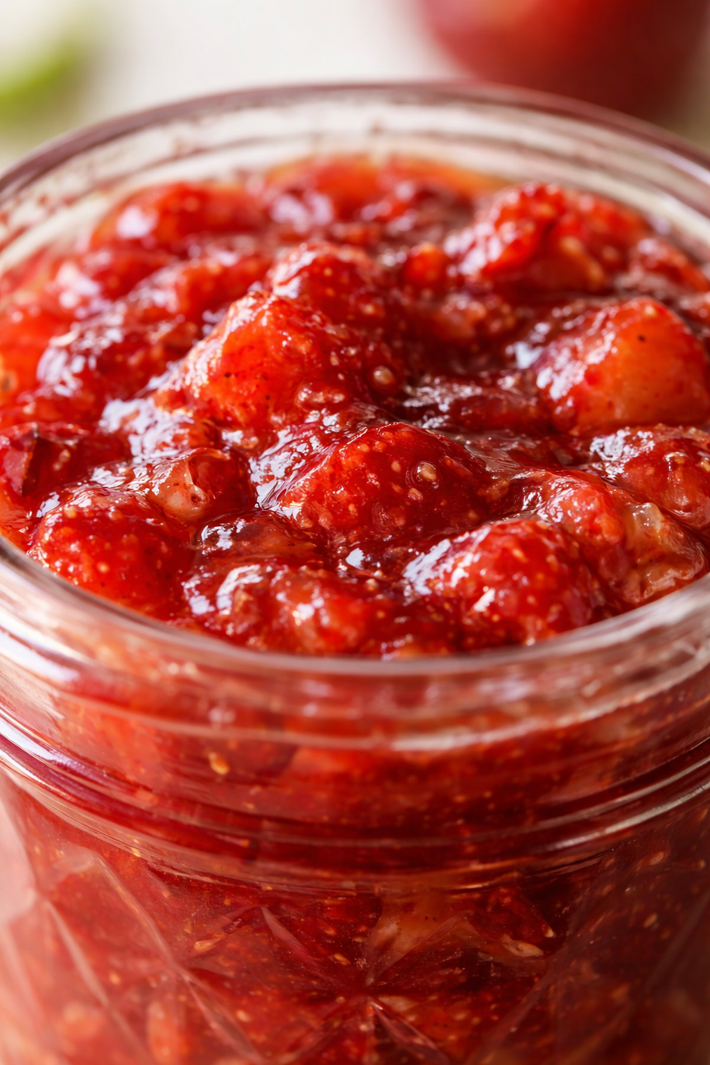 Tight detail shot of Strawberry Rhubarb Jam Recipe highlighting texture