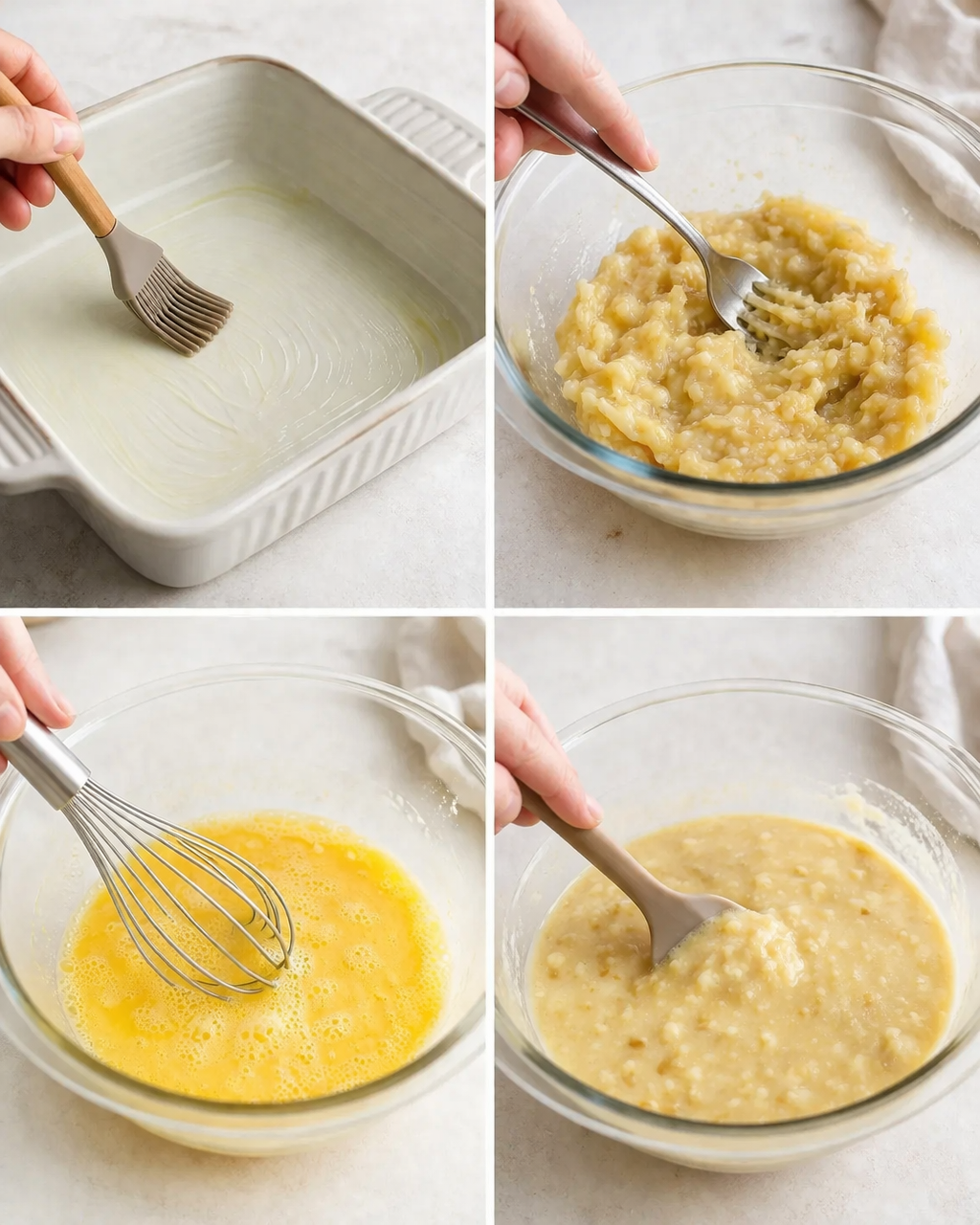 Bowl with mashed bananas being stirred into whisked eggs, honey, and milk; greased dish nearby