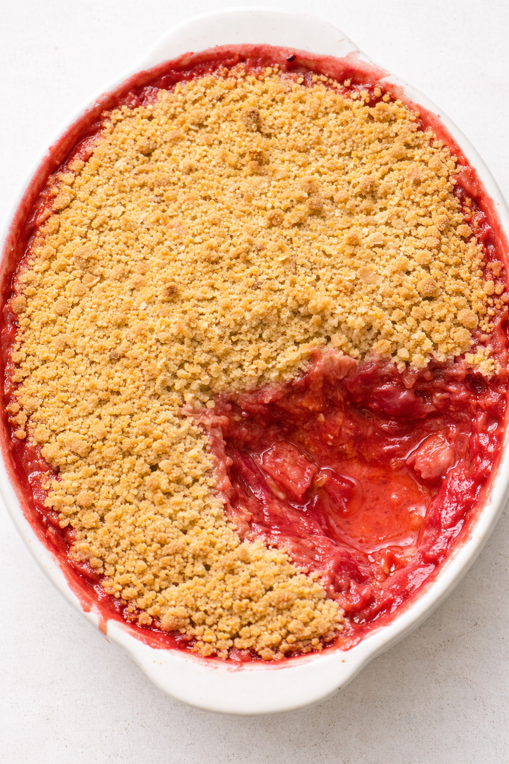Straight-down overhead view of British Rhubarb Crumble