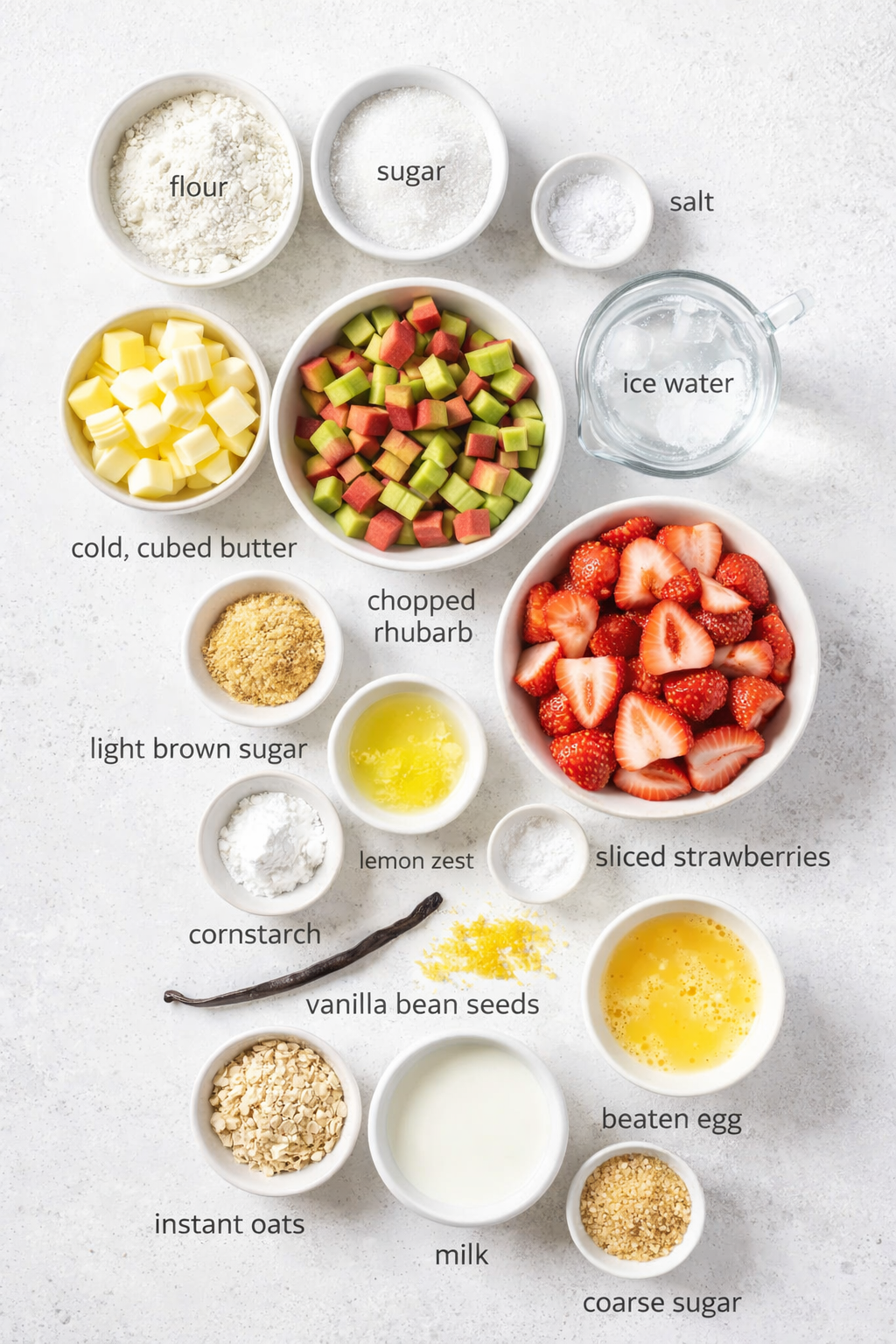 Measured ingredients arranged for Rhubarb-strawberry Galette: flour, sugar, salt, cold, cubed butter, ice water, chopped rhubarb