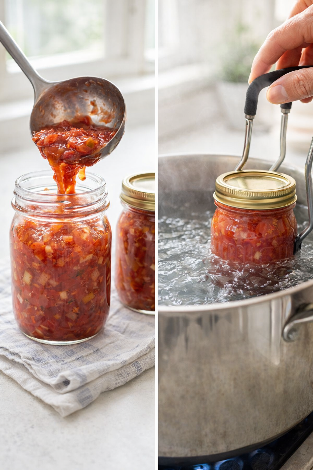 Spoonful of relish being packed into a sterilized jar, sealed jars resting in boiling water bath.