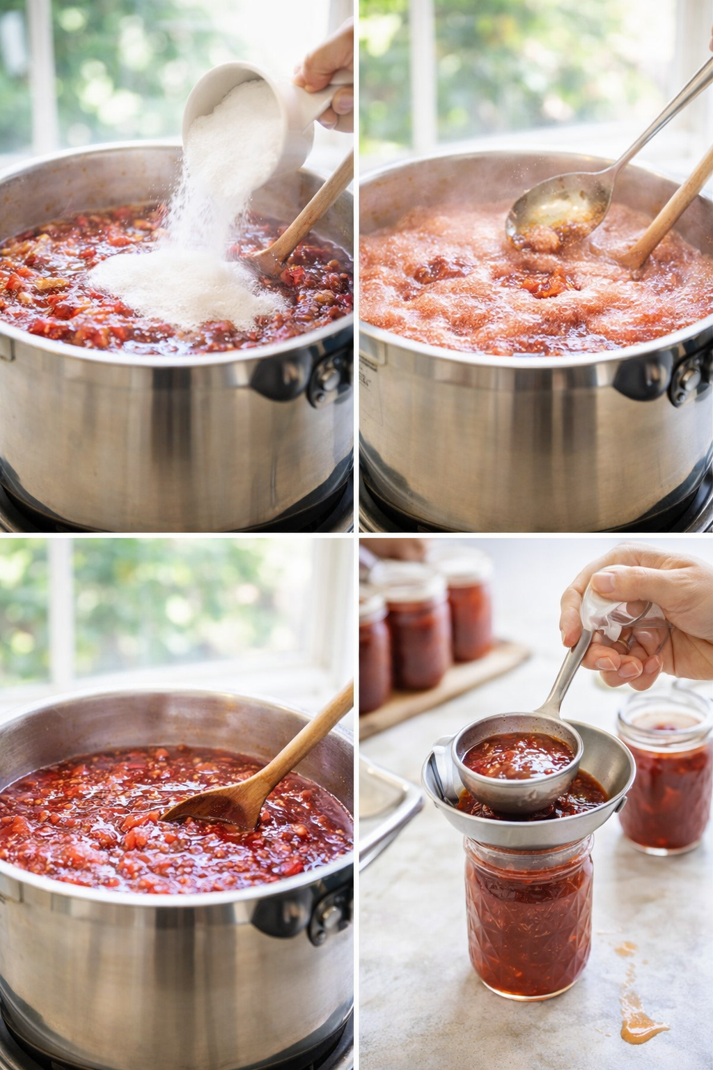 Ladle pouring hot jam through a funnel into a sterilized jar, jars lined on a towel.