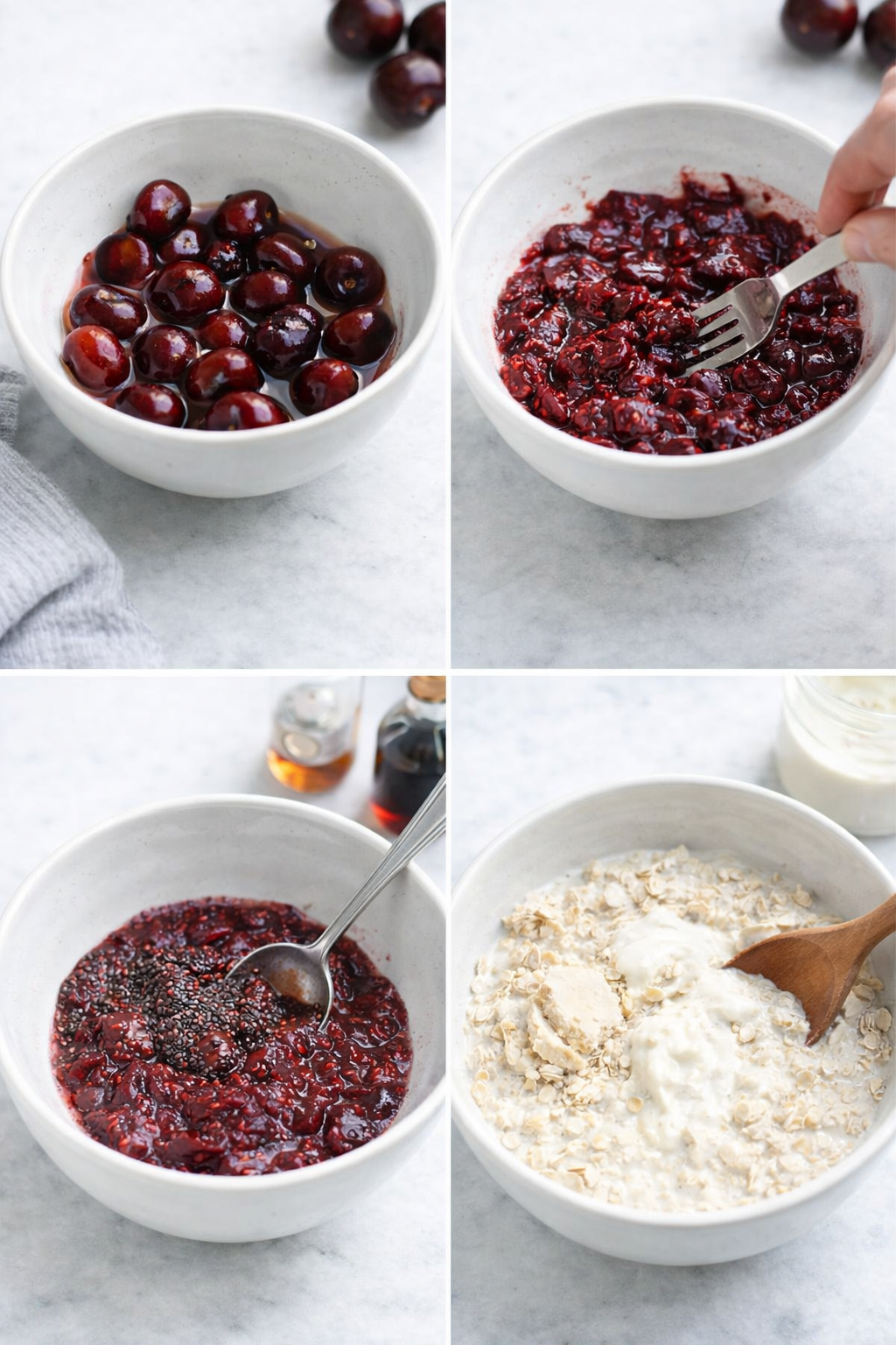 Bowl of mashed cherries becoming thick chia jam beside large bowl of oats being stirred