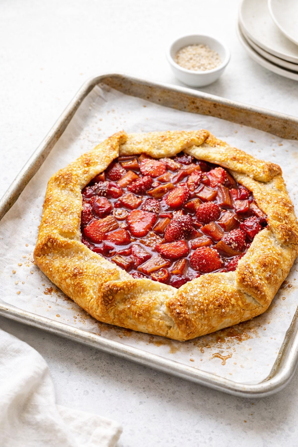 Golden-brown galette on rimmed sheet pan, bubbling fruit filling and coarse sugar sparkle.