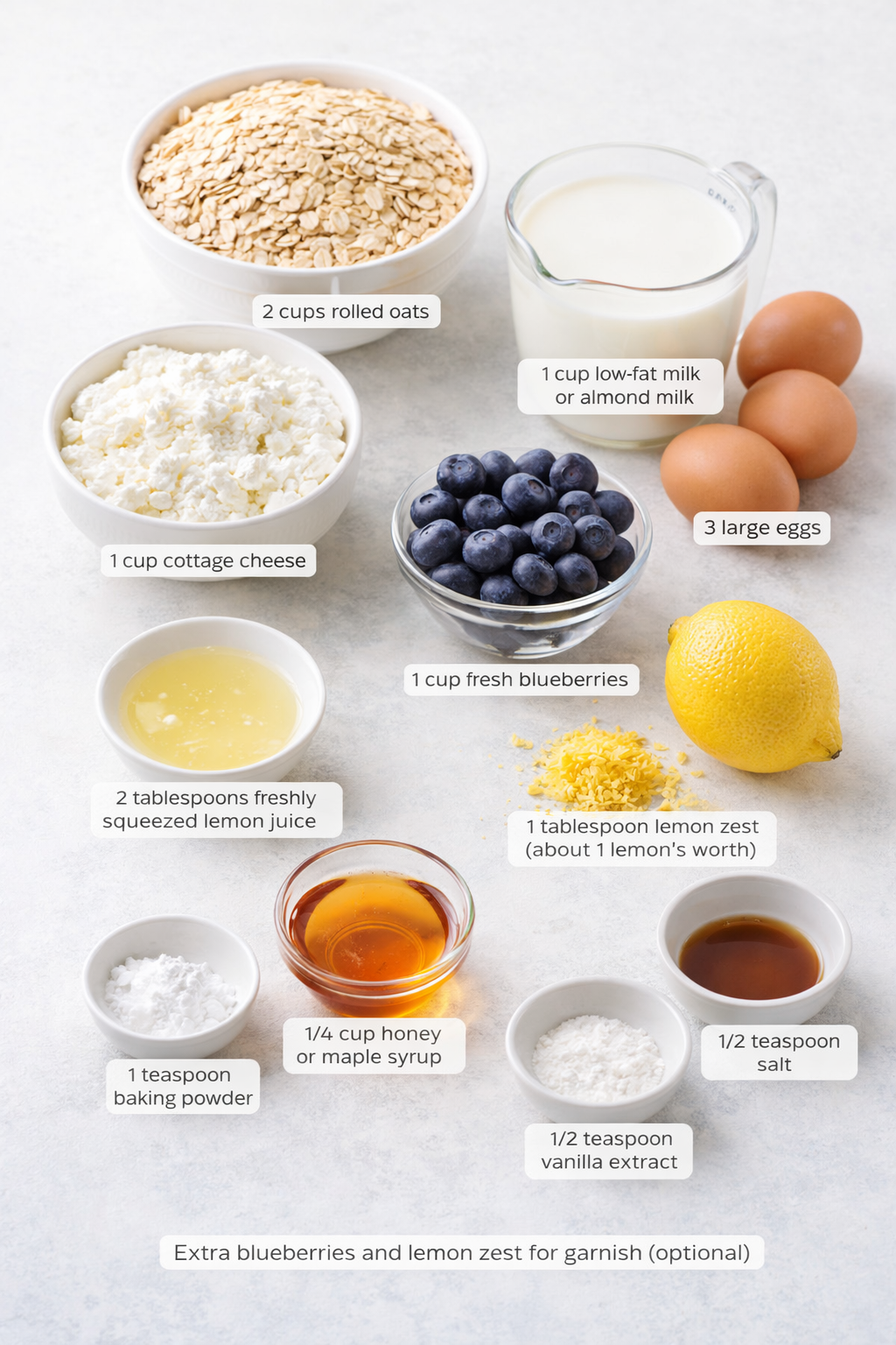 Measured ingredients arranged for High-Protein Lemon Blueberry Breakfast Bake with Cottage Cheese: An Amazing Ultimate Recipe: 2 cups rolled oats, 1 cup cottage cheese, 1 cup low-fat milk or almond milk, 3 large eggs, 1
