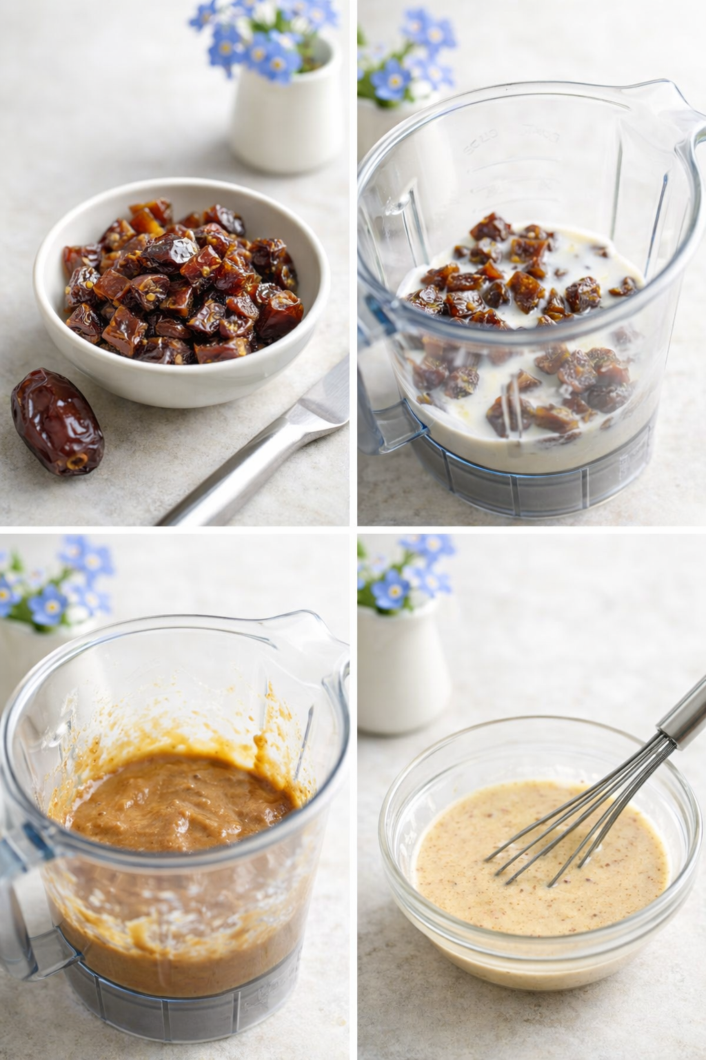 Chopped Medjool dates and milk being blended into a smooth date paste in a blender.