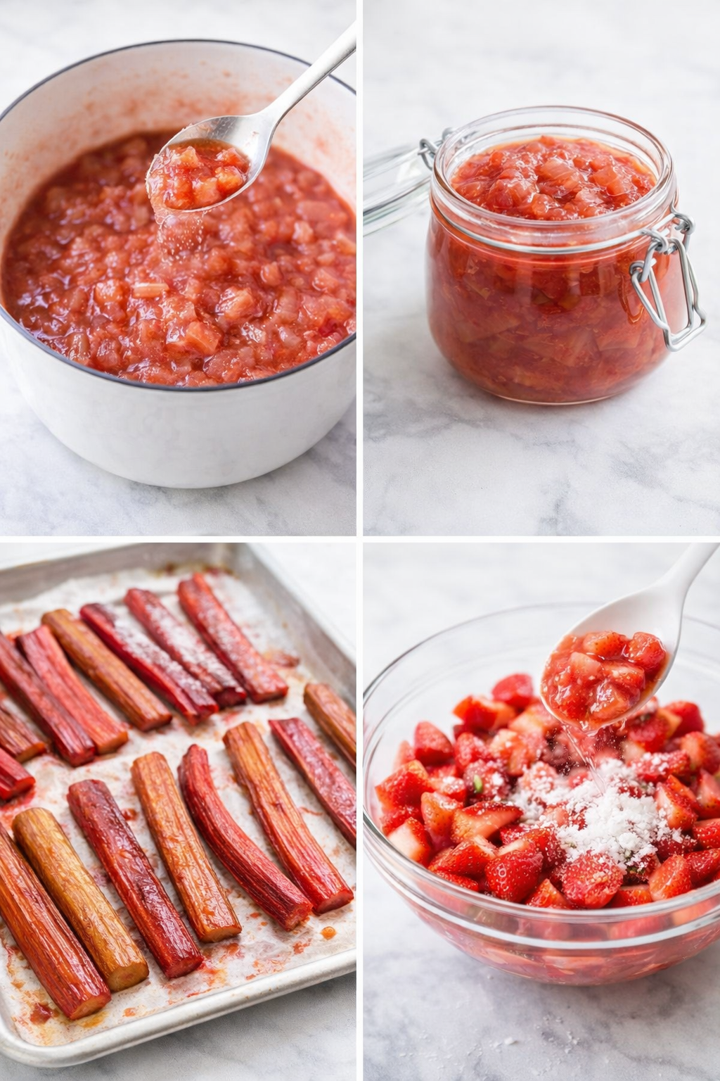 Sweetened compote spooned into a jar to chill, alongside roasted caramelized rhubarb on a baking sheet.