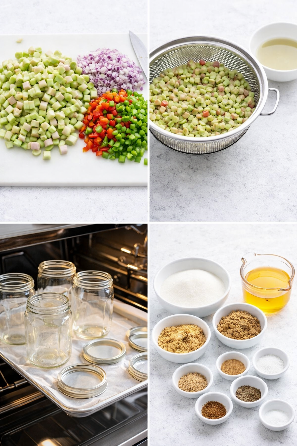 Chopped rhubarb, finely diced red onion and bell peppers beside measured spices and sterilized jars.