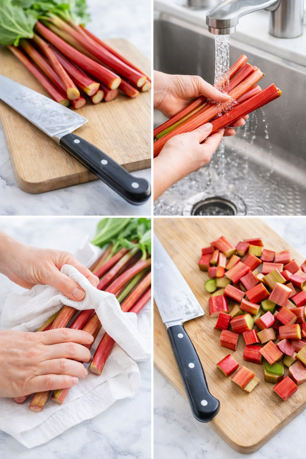 Trimmed rhubarb stalks being rinsed, patted dry, then crosswise sliced into half-to-one-inch pieces.