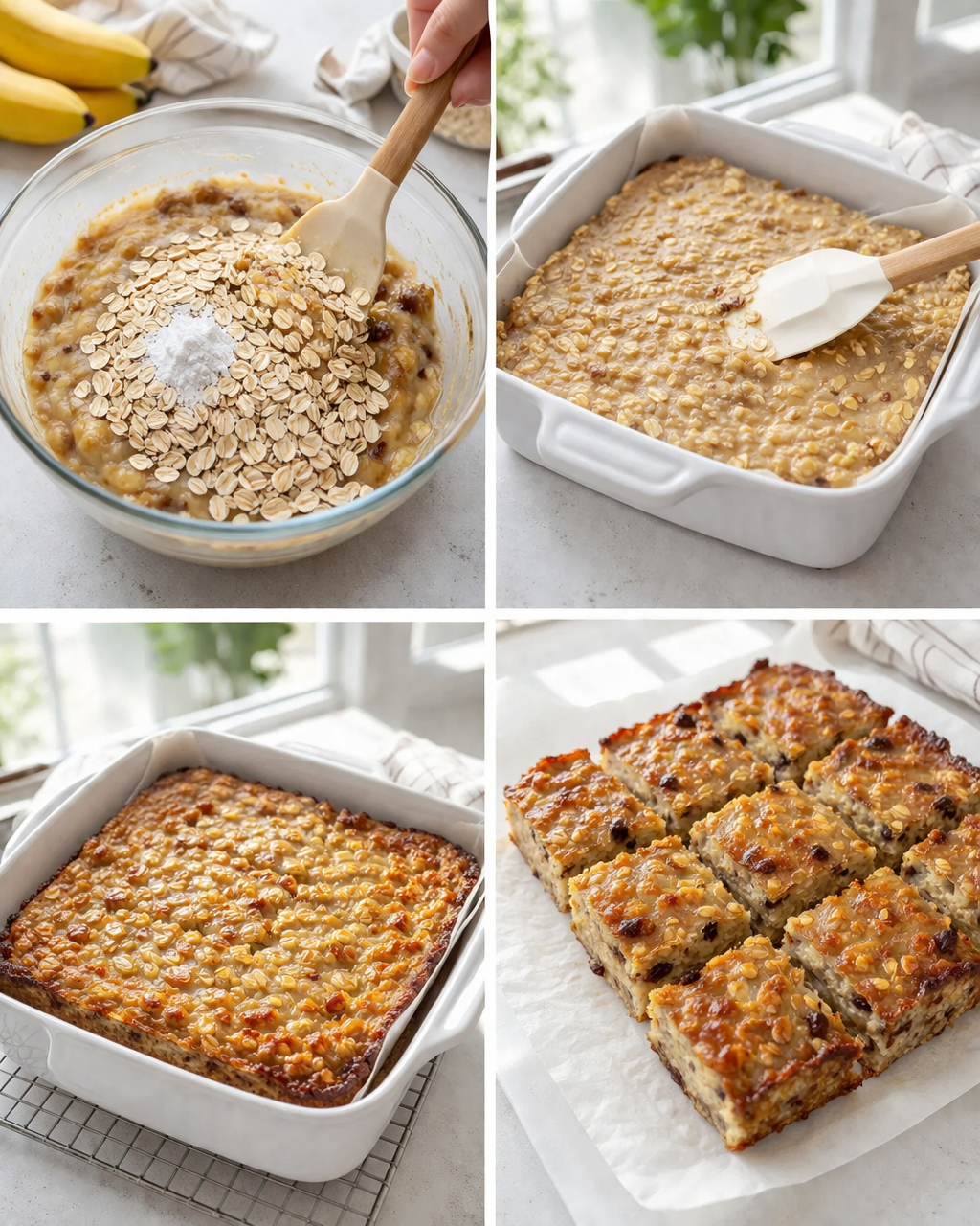 Golden-brown baked rectangle cooling in square pan, being sliced into breakfast squares