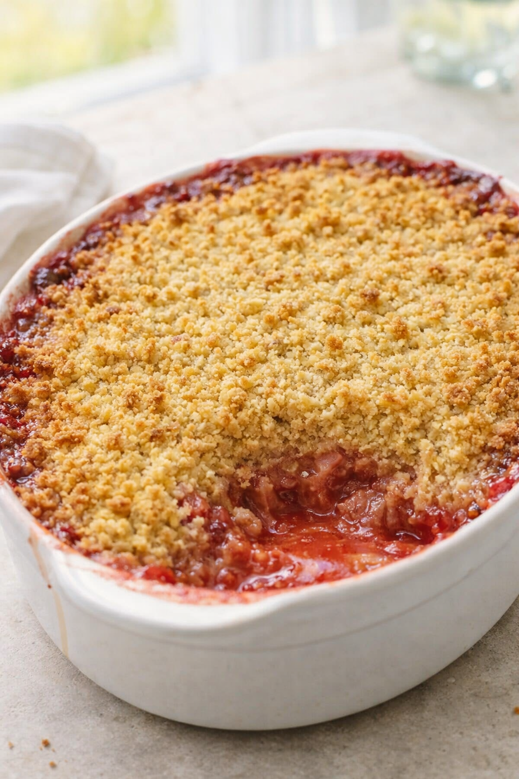 Golden, bubbling rhubarb crumble in baking dish with crisp, chunky topping cooling on rack.