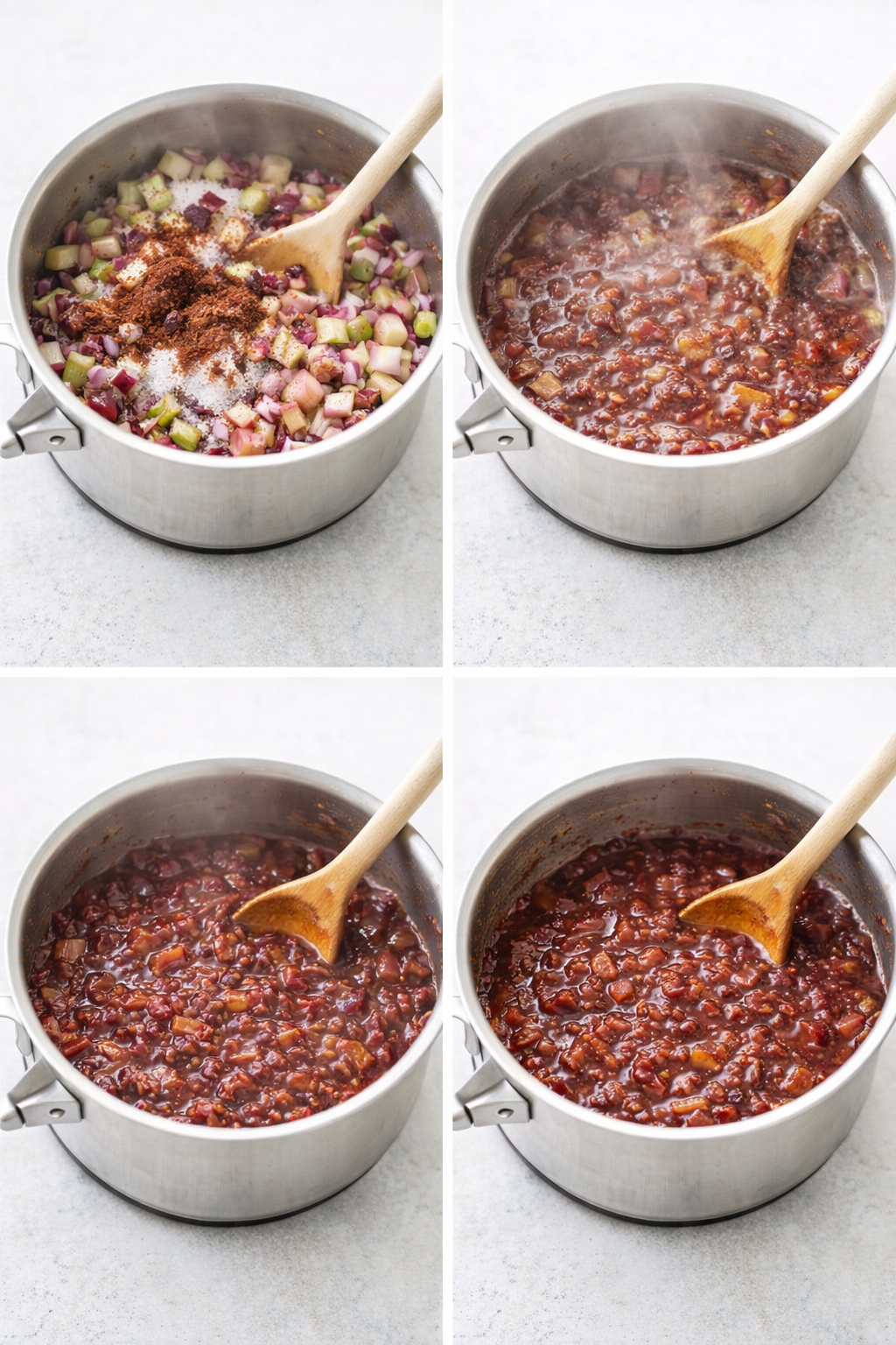 Thickening rhubarb mixture bubbling in a large saucepan while a wooden spoon stirs.