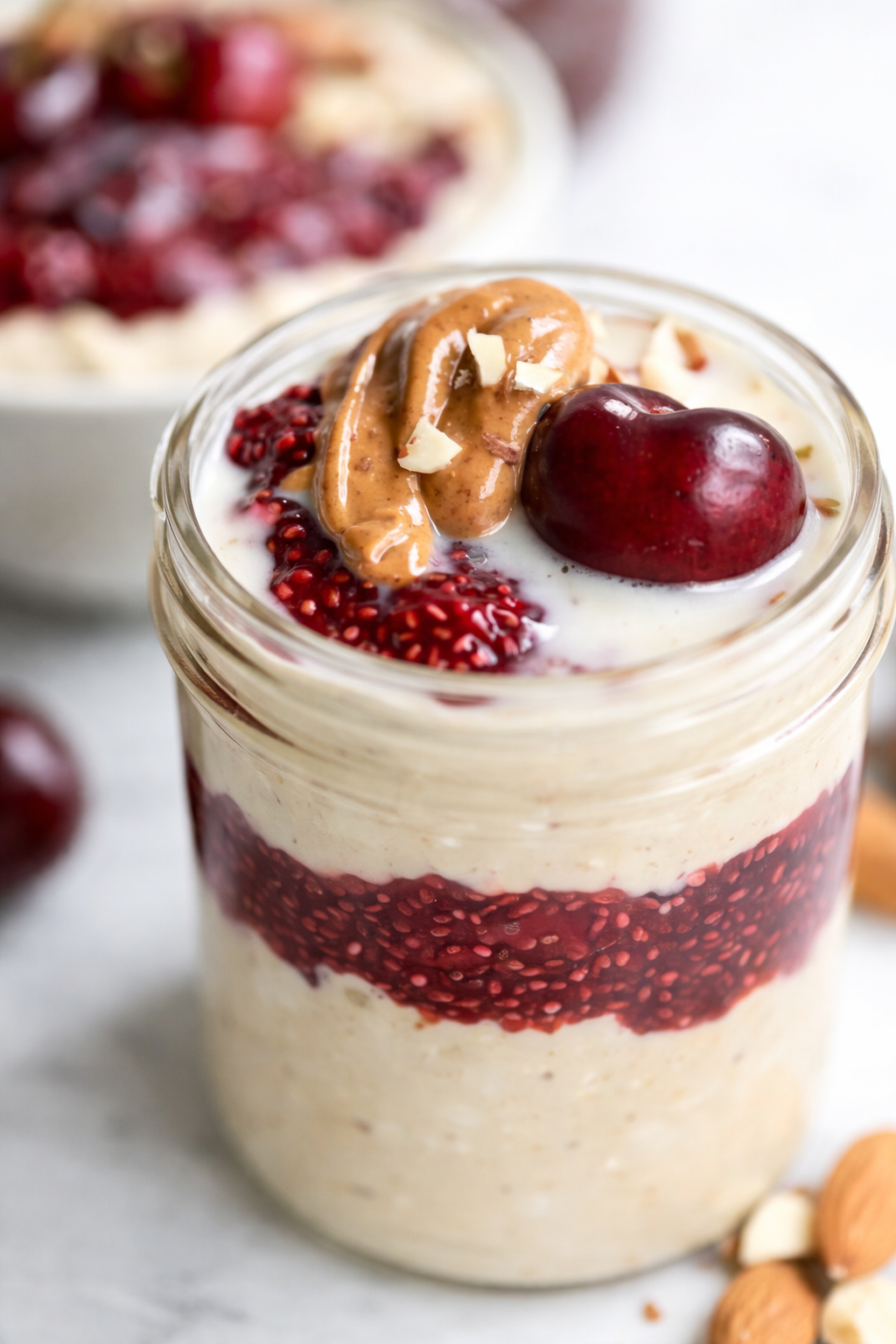 Tight detail shot of Healthy Overnight Oats with Cherry Chia Seed Jam highlighting texture