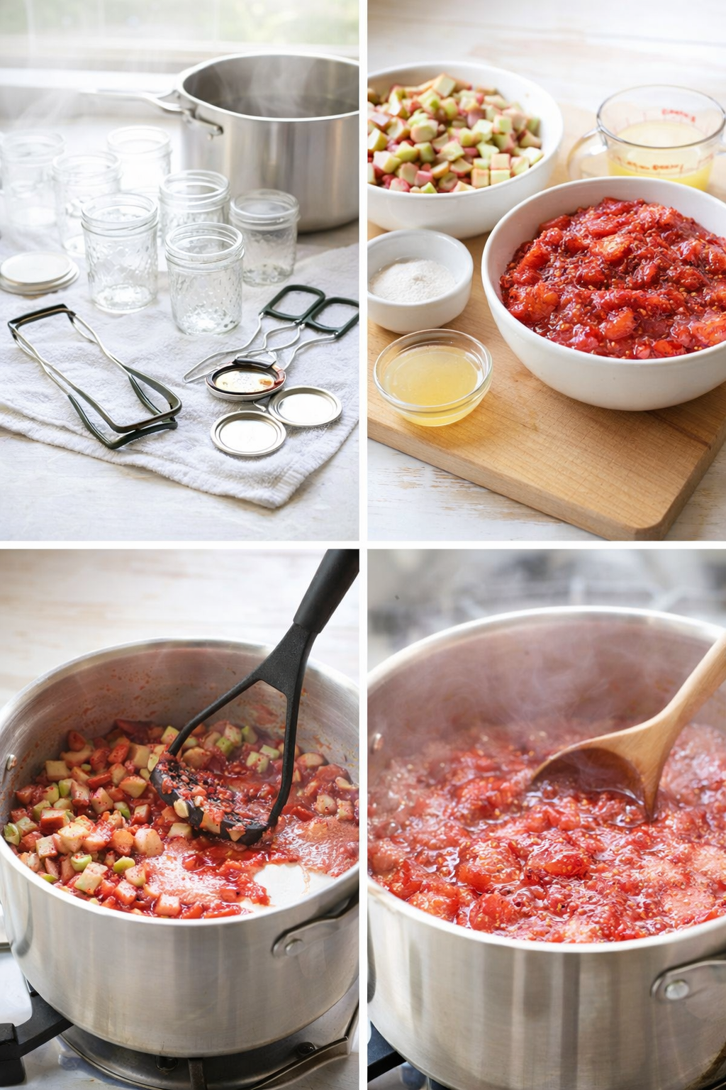 Hands mashing diced rhubarb and crushed strawberries with a potato masher in a saucepan while jars heat nearby.